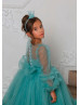 Long Sleeves Turquoise Tulle Ankle Length Flower Girl Dress